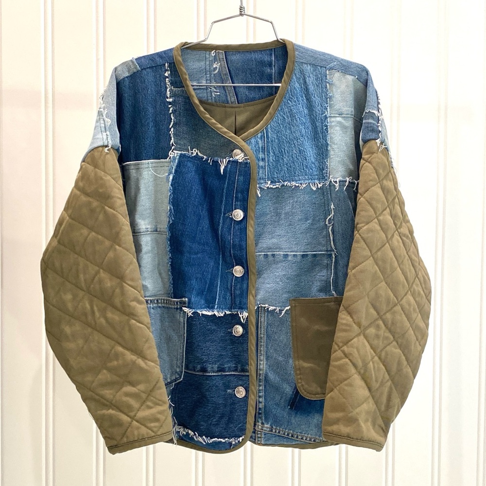 One of a kind Patchwork Denim Jacket with Quilted Sleeves